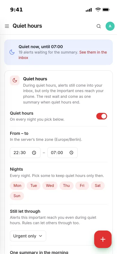Quiet hours on an iPhone: 22:30 to 07:00 every night, urgent alerts let through, 19 alerts waiting for the summary