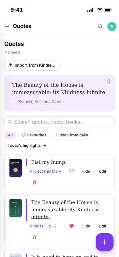 Quotes on an iPhone: a random line from Piranesi on top, then saved quotes beside their book covers