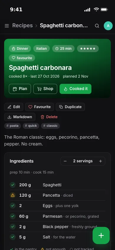 A carbonara recipe on an iPhone: servings stepper and a pantry mark beside every ingredient