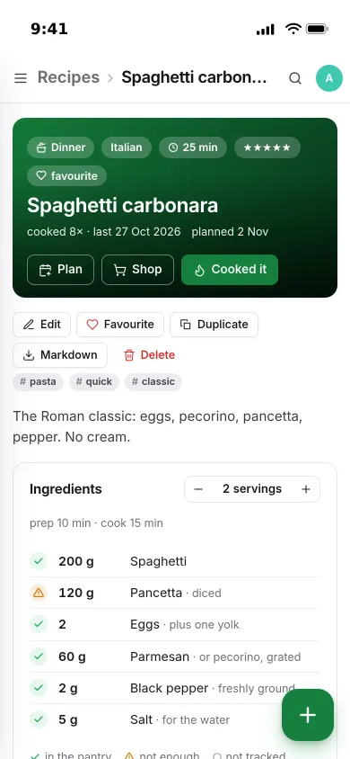 A carbonara recipe on an iPhone: servings stepper and a pantry mark beside every ingredient