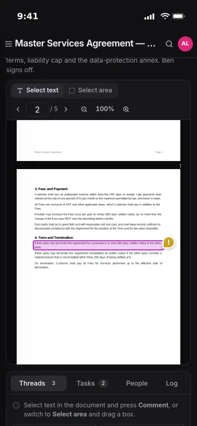 A contract on an iPhone: page 2 with a highlighted clause and an issue pin, the threads below