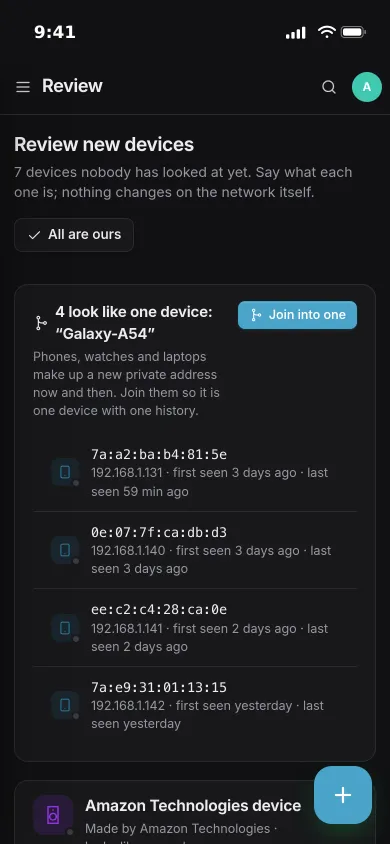 The review on an iPhone: four private addresses of one Galaxy phone grouped, with a button to join them into one