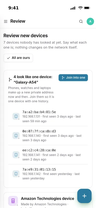 The review on an iPhone: four private addresses of one Galaxy phone grouped, with a button to join them into one