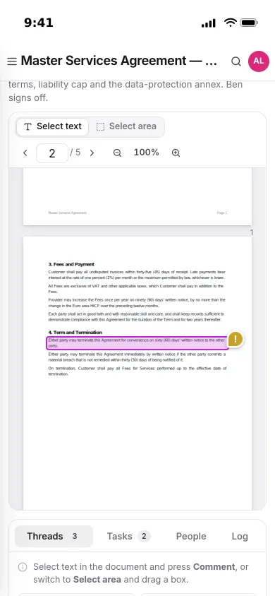 A contract on an iPhone: page 2 with a highlighted clause and an issue pin, the threads below