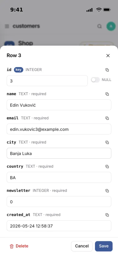 Editing a customer row on an iPhone: name, email, city, country and date fields with Save and Delete