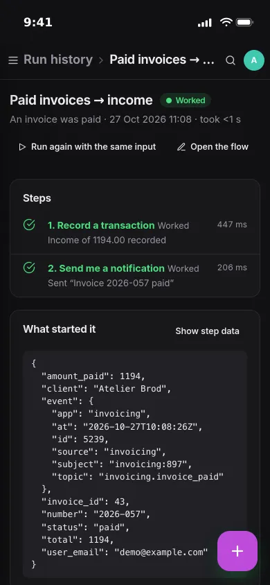 One run on an iPhone: a paid invoice recorded as a transaction, a notification sent, and the event that started it