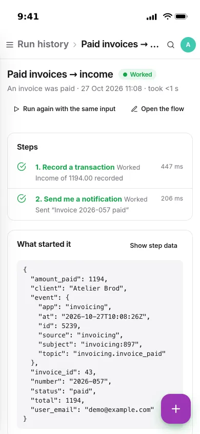 One run on an iPhone: a paid invoice recorded as a transaction, a notification sent, and the event that started it