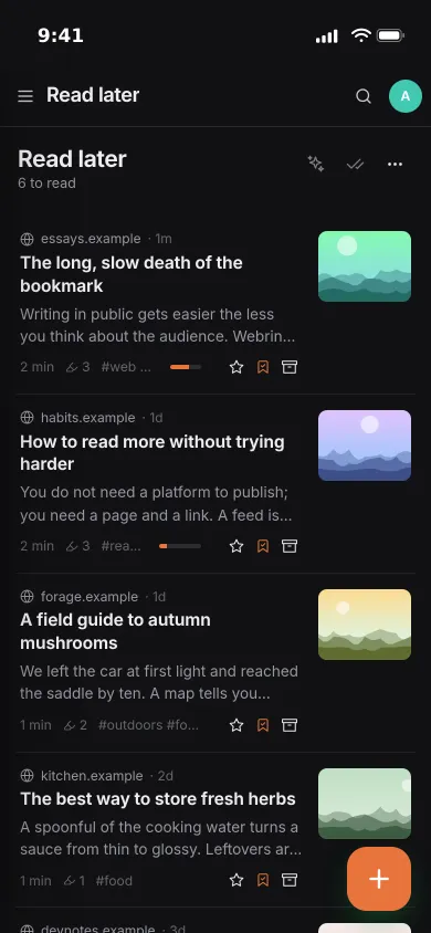 The read-later list on an iPhone: saved articles with reading progress bars, highlight counts and tags
