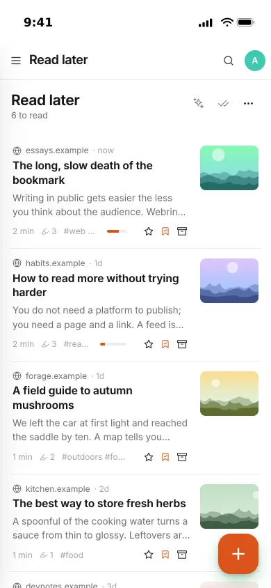 The read-later list on an iPhone: saved articles with reading progress bars, highlight counts and tags