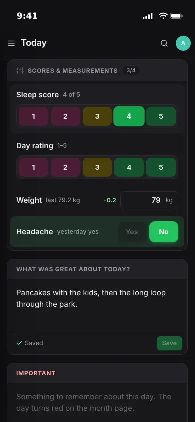 The second half of the check-in on an iPhone: sleep score 4 of 5, weight 79 kg, no headache and today's good thing