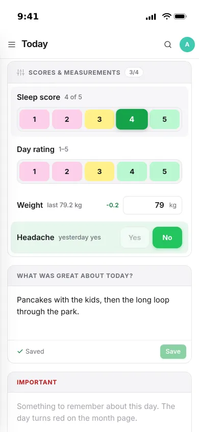 The second half of the check-in on an iPhone: sleep score 4 of 5, weight 79 kg, no headache and today's good thing