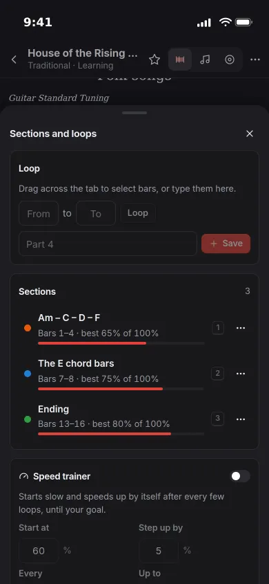 Sections and loops on an iPhone: three saved sections with their best speeds and the speed trainer
