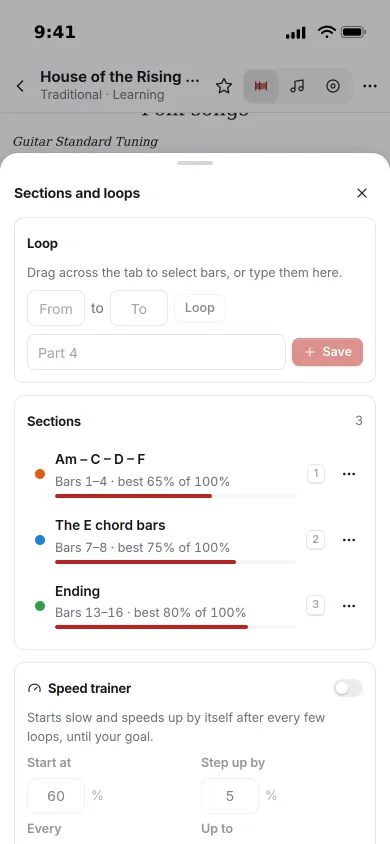 Sections and loops on an iPhone: three saved sections with their best speeds and the speed trainer
