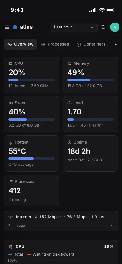 Pocket Monitoring on an iPhone: CPU, memory, swap, load, the hottest sensor and uptime of a home server