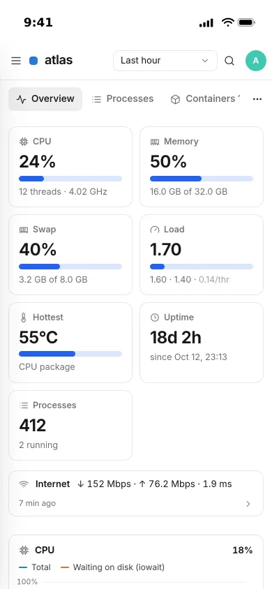 Pocket Monitoring on an iPhone: CPU, memory, swap, load, the hottest sensor and uptime of a home server