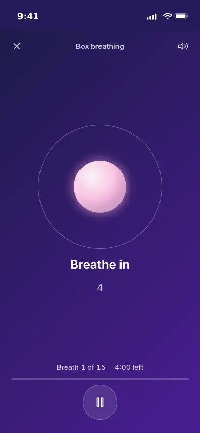 A box breathing session on an iPhone: a glowing orb, Breathe in, breath 1 of 15 and four minutes left