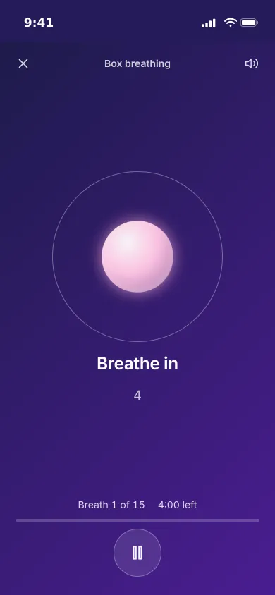 A box breathing session on an iPhone: a glowing orb, Breathe in, breath 1 of 15 and four minutes left