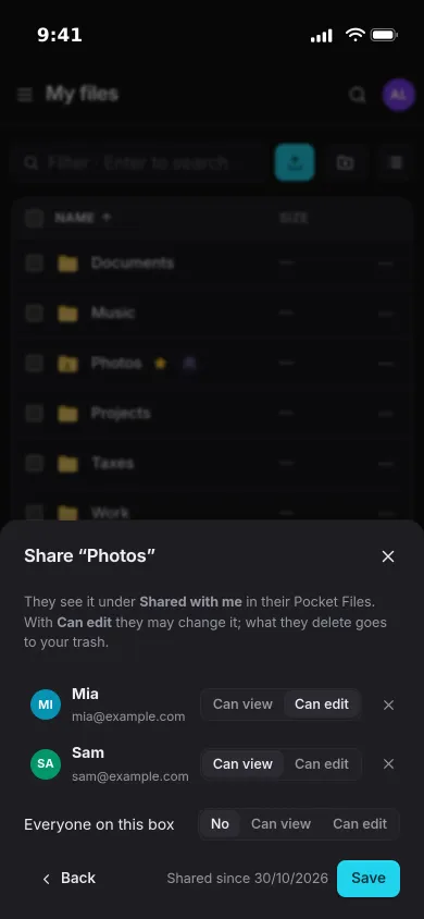 The share sheet on an iPhone: the Photos folder shared with Mia, who can edit, and Sam, who can view