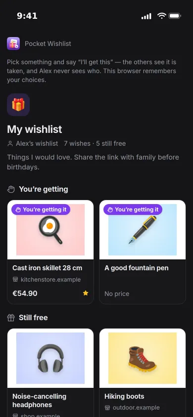 The shared list on a giver's phone: a skillet and a fountain pen they are getting, other wishes still free