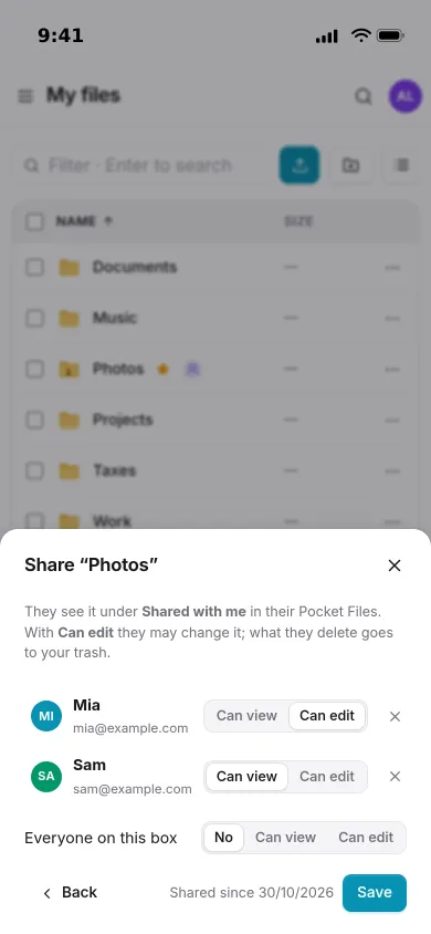 The share sheet on an iPhone: the Photos folder shared with Mia, who can edit, and Sam, who can view