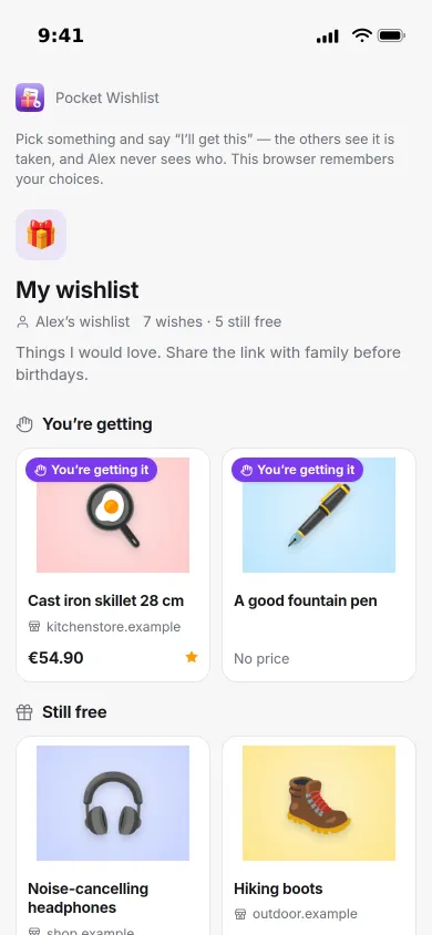 The shared list on a giver's phone: a skillet and a fountain pen they are getting, other wishes still free