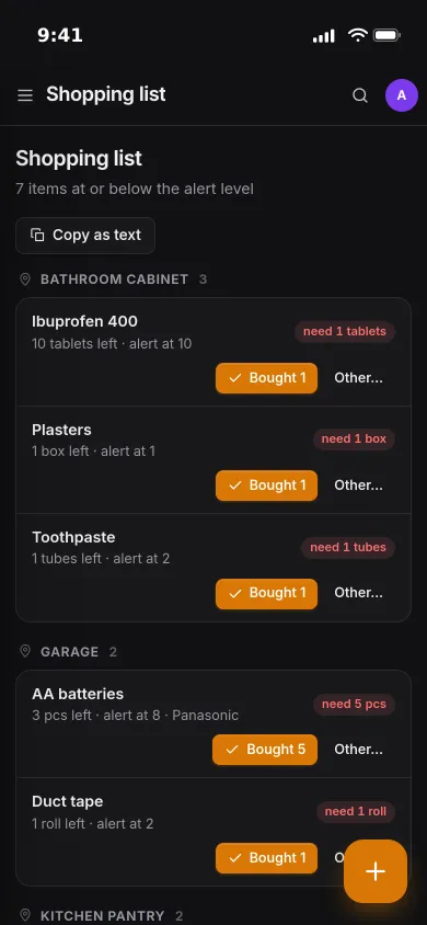 The shopping list on an iPhone, grouped by bathroom cabinet and garage, with Bought buttons