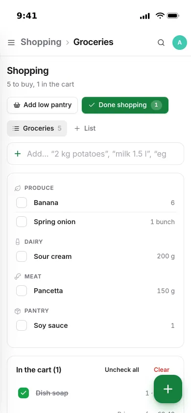 A shopping list on an iPhone grouped into produce, dairy, meat and pantry, with one item in the cart