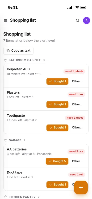 The shopping list on an iPhone, grouped by bathroom cabinet and garage, with Bought buttons