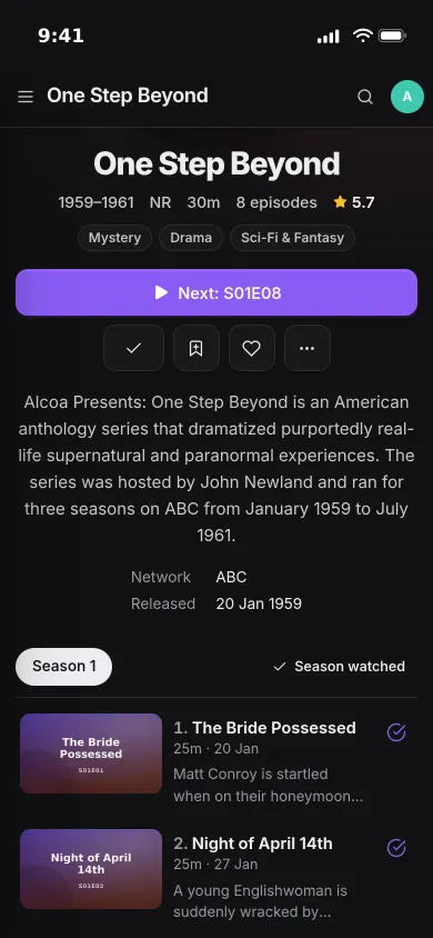 One Step Beyond on an iPhone: Next S01E08, the show’s details and season 1 episodes with their watched marks