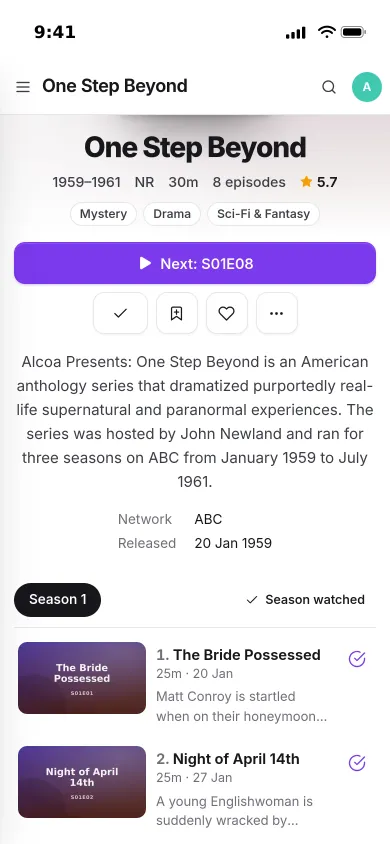 One Step Beyond on an iPhone: Next S01E08, the show’s details and season 1 episodes with their watched marks