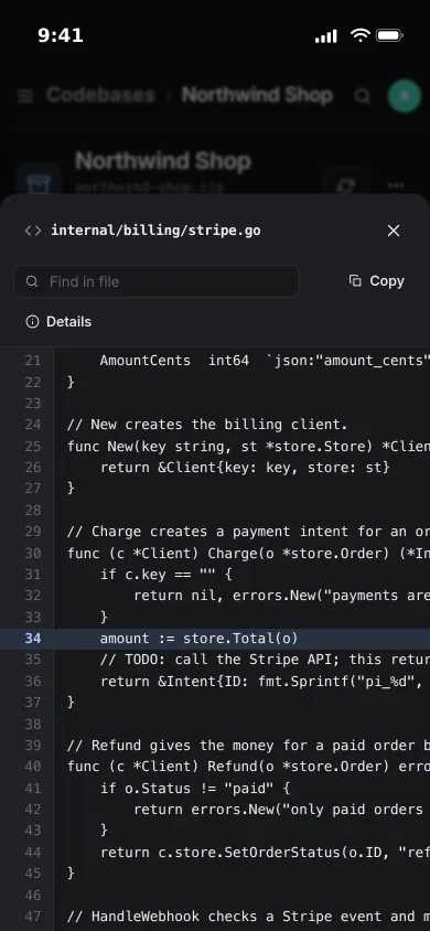 A billing file opened at line 34 on an iPhone, the charge and refund functions around it