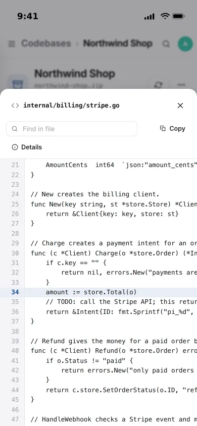A billing file opened at line 34 on an iPhone, the charge and refund functions around it