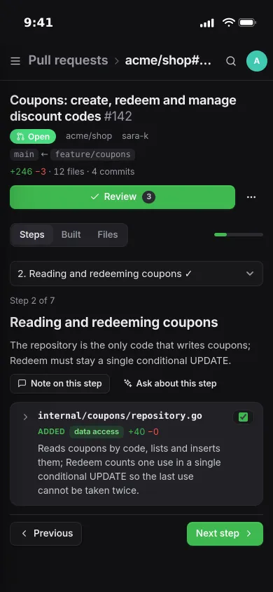 Step 2 of 7 on an iPhone: reading and redeeming coupons, with one sentence about the repository file