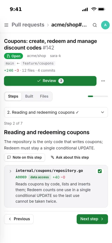 Step 2 of 7 on an iPhone: reading and redeeming coupons, with one sentence about the repository file