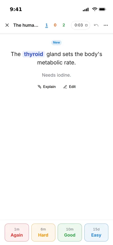 Studying on an iPhone: a fill-the-gap card about the thyroid gland with Again, Hard, Good and Easy below