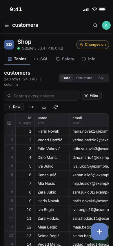 The customers table of a demo shop database on an iPhone, with search, filter and a new row button