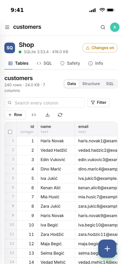 The customers table of a demo shop database on an iPhone, with search, filter and a new row button