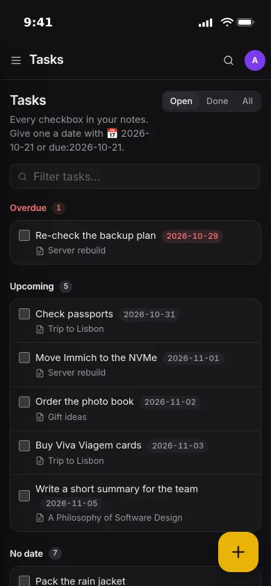 The Tasks page on an iPhone: one overdue task and five upcoming ones, each with its date and note