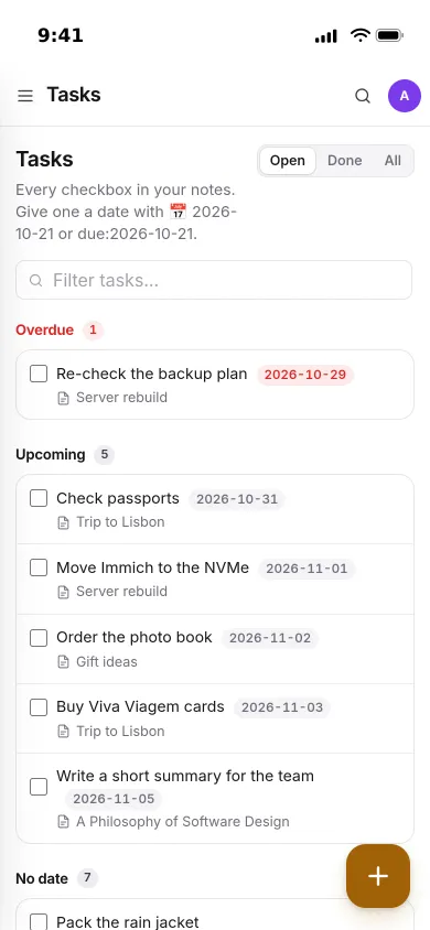 The Tasks page on an iPhone: one overdue task and five upcoming ones, each with its date and note