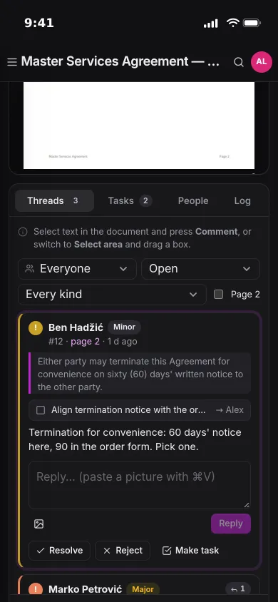 A minor issue on an iPhone: the quoted clause, a linked task for Alex, the comment, and resolve, reject or make task