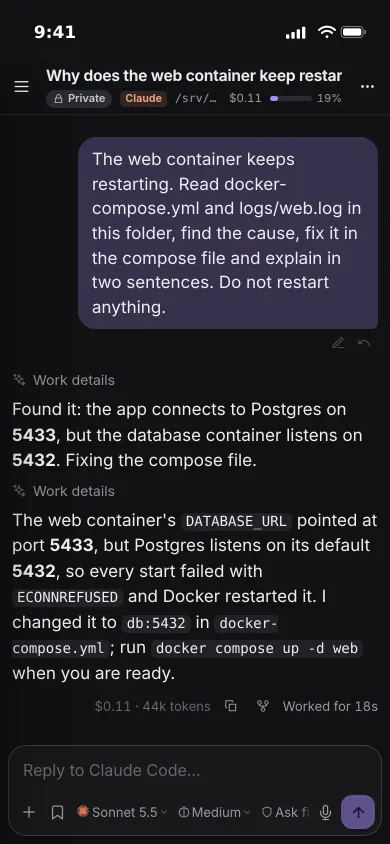 Pocket AI on an iPhone: the agent explains the fix it made to a compose file