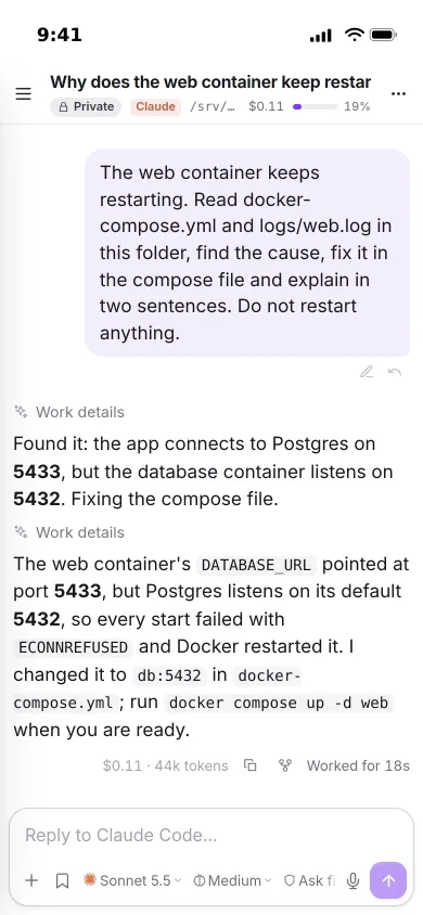 Pocket AI on an iPhone: the agent explains the fix it made to a compose file