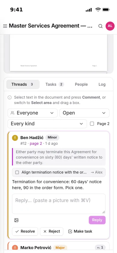 A minor issue on an iPhone: the quoted clause, a linked task for Alex, the comment, and resolve, reject or make task
