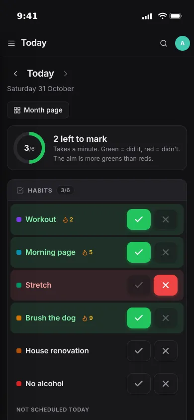 Tonight's check-in on an iPhone: workout, morning page and brushing the dog done, stretch missed, two habits still to mark