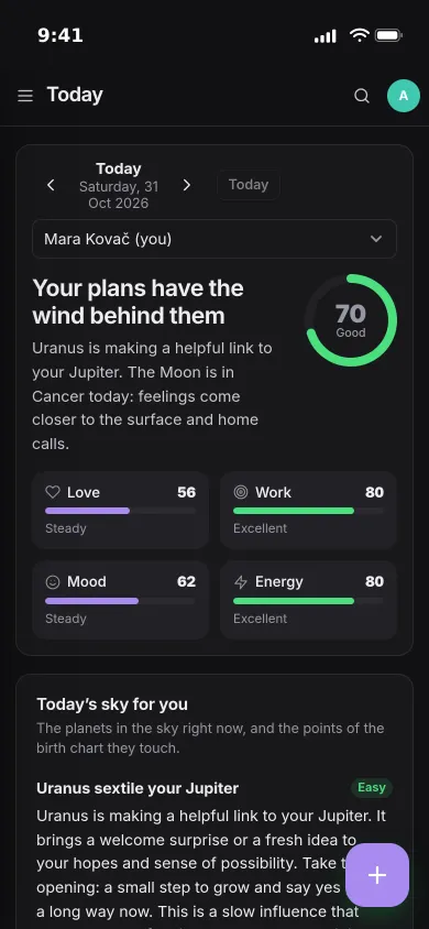 Pocket Horoscope on an iPhone: today’s headline, an overall score of 70 and scores for love, work, mood and energy
