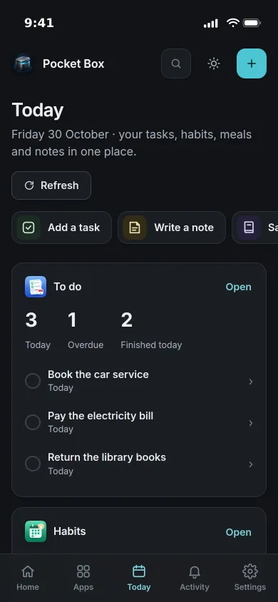 Today on an iPhone: three tasks due today, one overdue, two finished, with the habits card below