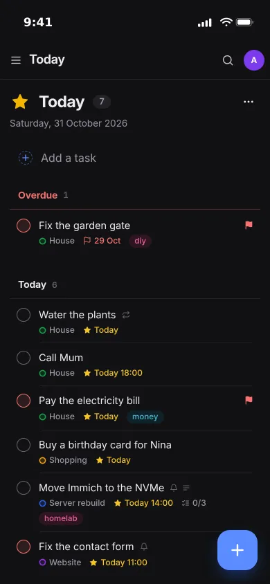 Today in Pocket Tasks on an iPhone: an overdue task, then six for today with their lists, times and tags