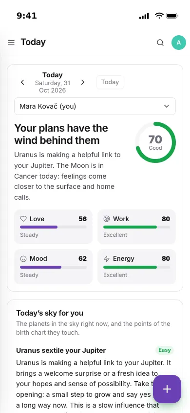 Pocket Horoscope on an iPhone: today’s headline, an overall score of 70 and scores for love, work, mood and energy