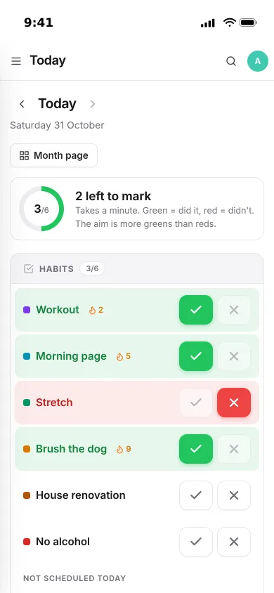 Tonight's check-in on an iPhone: workout, morning page and brushing the dog done, stretch missed, two habits still to mark