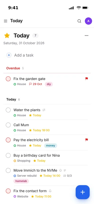 Today in Pocket Tasks on an iPhone: an overdue task, then six for today with their lists, times and tags